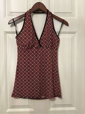 Vixen Black Halter Top with Red and White Geo Pattern